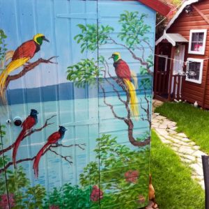 Birds of Paradise, acrylics on shed with exterior varnish